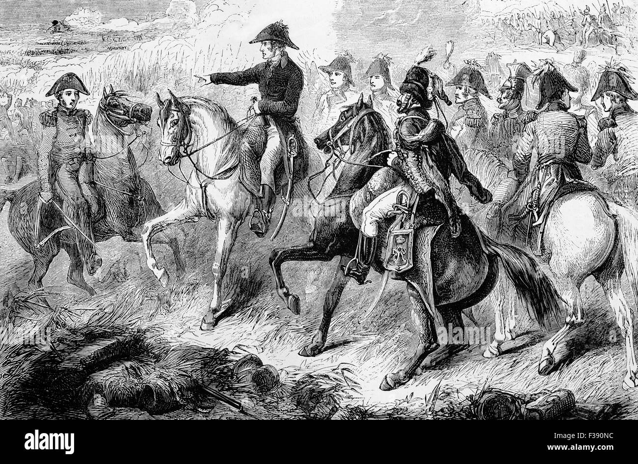 Der Herzog von Wellington in der Schlacht von Waterloo. Die Schlacht wurde am Sonntag, 18. Juni 1815, in der Nähe von Waterloo im heutigen Belgien gekämpft, als die französische Armee unter dem Kommando von Napoleon Bonaparte von zwei Armeen der siebten Koalition besiegt wurde: eine Anglo-geführten alliierten Armee unter dem Kommando des Herzogs von Wellington und eine preußische Armee unter dem Kommando von Gebhard Leberecht von Blücher, Fürst von Wahlstatt. Stockfoto