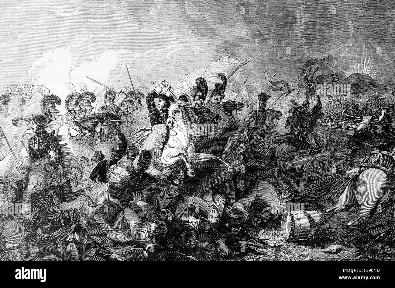 Die Ladung des Lord Somerset schwere Brigade während der Schlacht von Waterloo, die Niederlage der französischen Armee unter Napoleon Bonaparte auf Sonntag, 18. Juni 1815 geführt. Stockfoto