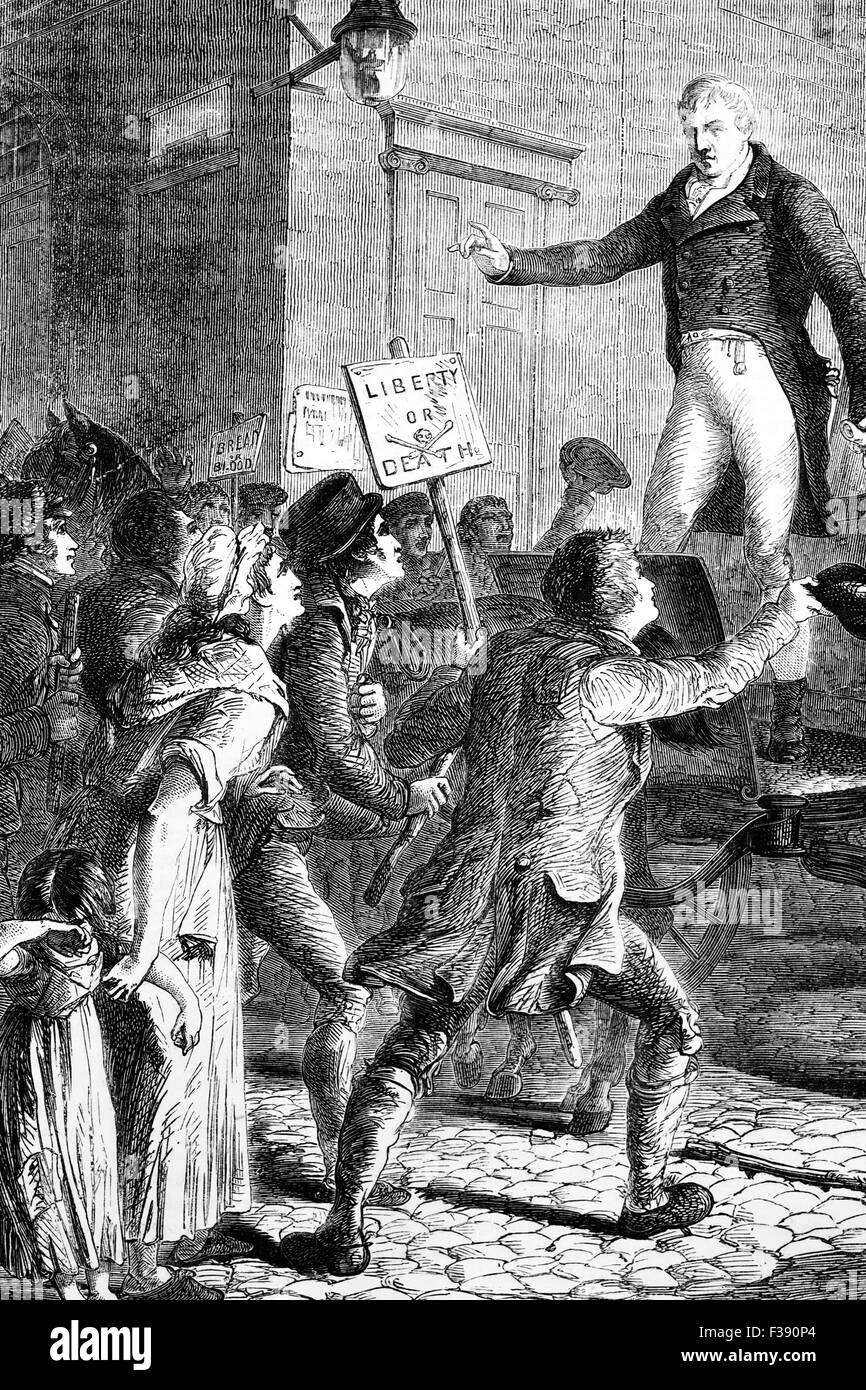 Henry "Redner" Hunt (1773 – 1835), eine britische radikale Lautsprecher und Rührwerk, eingeladen von der Patriotischen Union Society, gebildet durch die Manchester-Beobachter, bei einer Kundgebung in Manchester am 16. August 1819 zu sprechen. Es wurde das Peterloo-Massaker, woraufhin er verhaftet und zu zwei Jahren Gefängnis verurteilt. Stockfoto