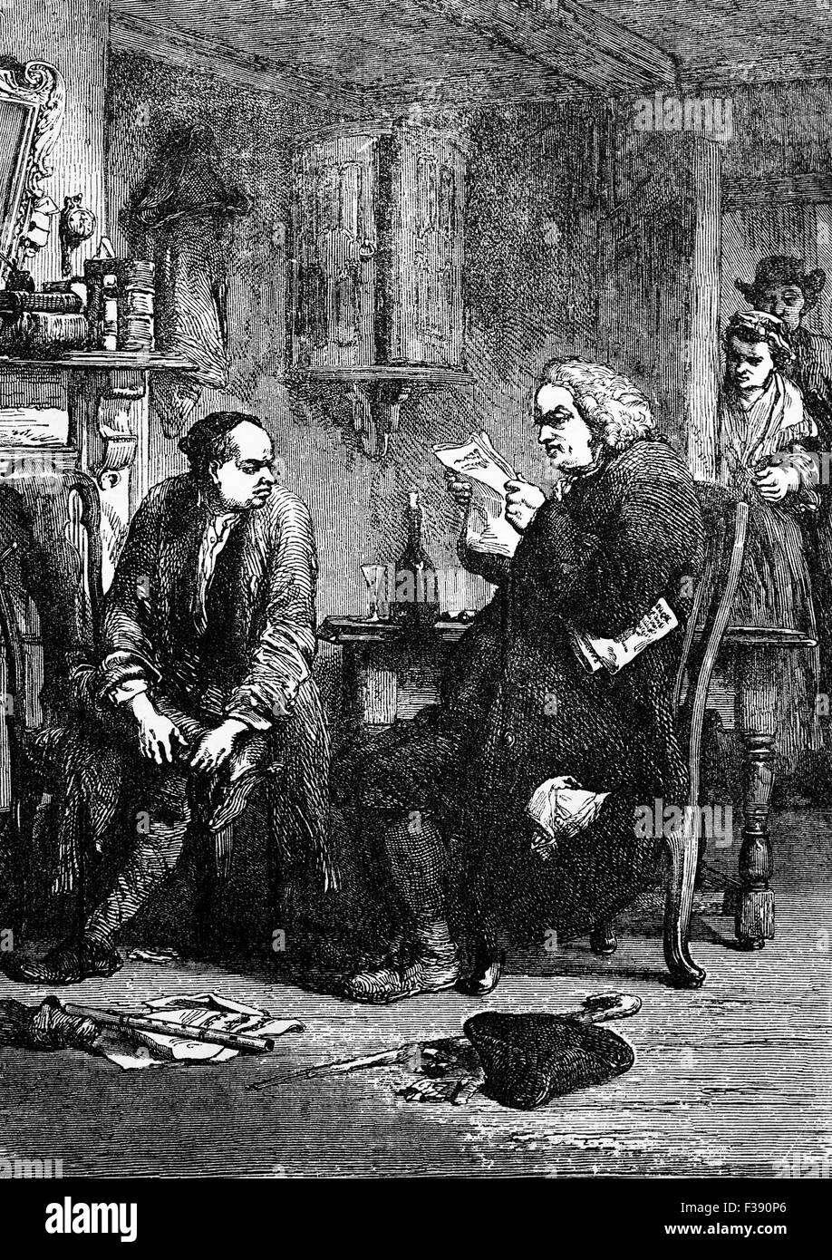 Dr. Samuel Johnson, liest das Manuskript von Oliver Goldsmith's "The Vicar of Wakefield", eines der beliebtesten und meistgelesenen Romane des 18. Jahrhunderts. Stockfoto