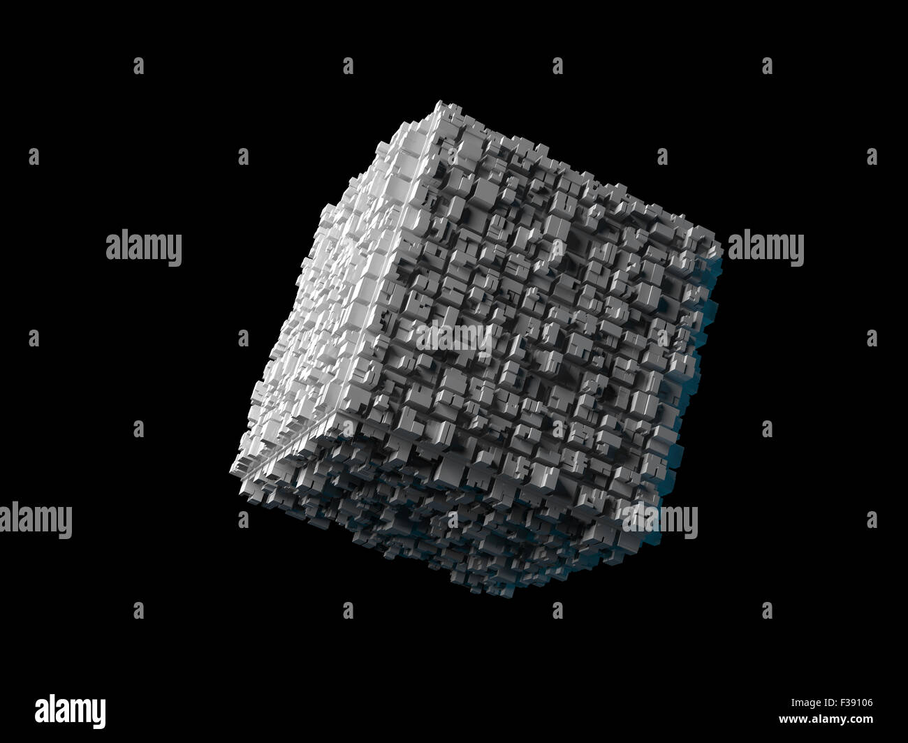 Abstrakte fliegende Würfel mit chaotischen extrudierte Fläche isoliert auf schwarz, 3d Illustration Stockfoto