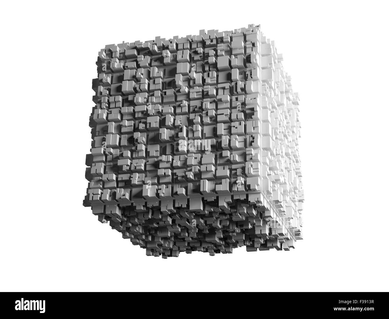 Abstrakte fliegende Würfel mit chaotischen extrudierte Fläche isoliert auf weißem Hintergrund, 3d illustration Stockfoto