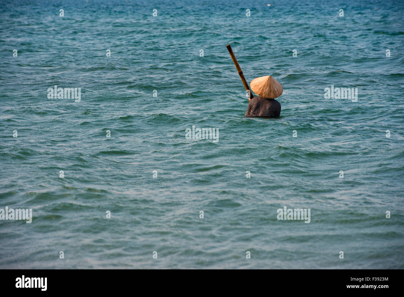 Muschel-Jäger mit Stroh Hut, Schalentiere Fischer am Strand Cua Dai in Hoi an, Vietnam Stockfoto