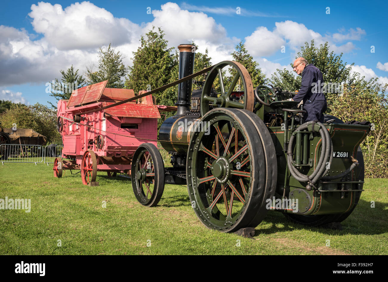 Vintage Traction Dampflokomotive mit Schwungrad fahren einen Gürtel Vintage Dreschmaschine fahren Stockfoto