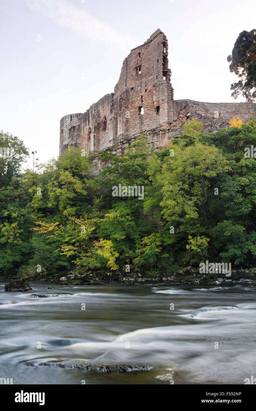 River Tees, Barnard Castle, Teesdale, County Durham. Freitag, 2. Oktober 2015, UK Wetter. Die ersten Anzeichen des Herbstes sind an den Bäumen unter den Städten Burg erscheinen. Im Allgemeinen war es eine kalte Start in den Tag für Nordengland mit einigen Teilen Frost erleben. Temperaturen sind erwartete Erholung im Laufe des morgens und es wird voraussichtlich eine weitere schöne Herbsttag. Bildnachweis: David Forster/Alamy Live-Nachrichten Stockfoto