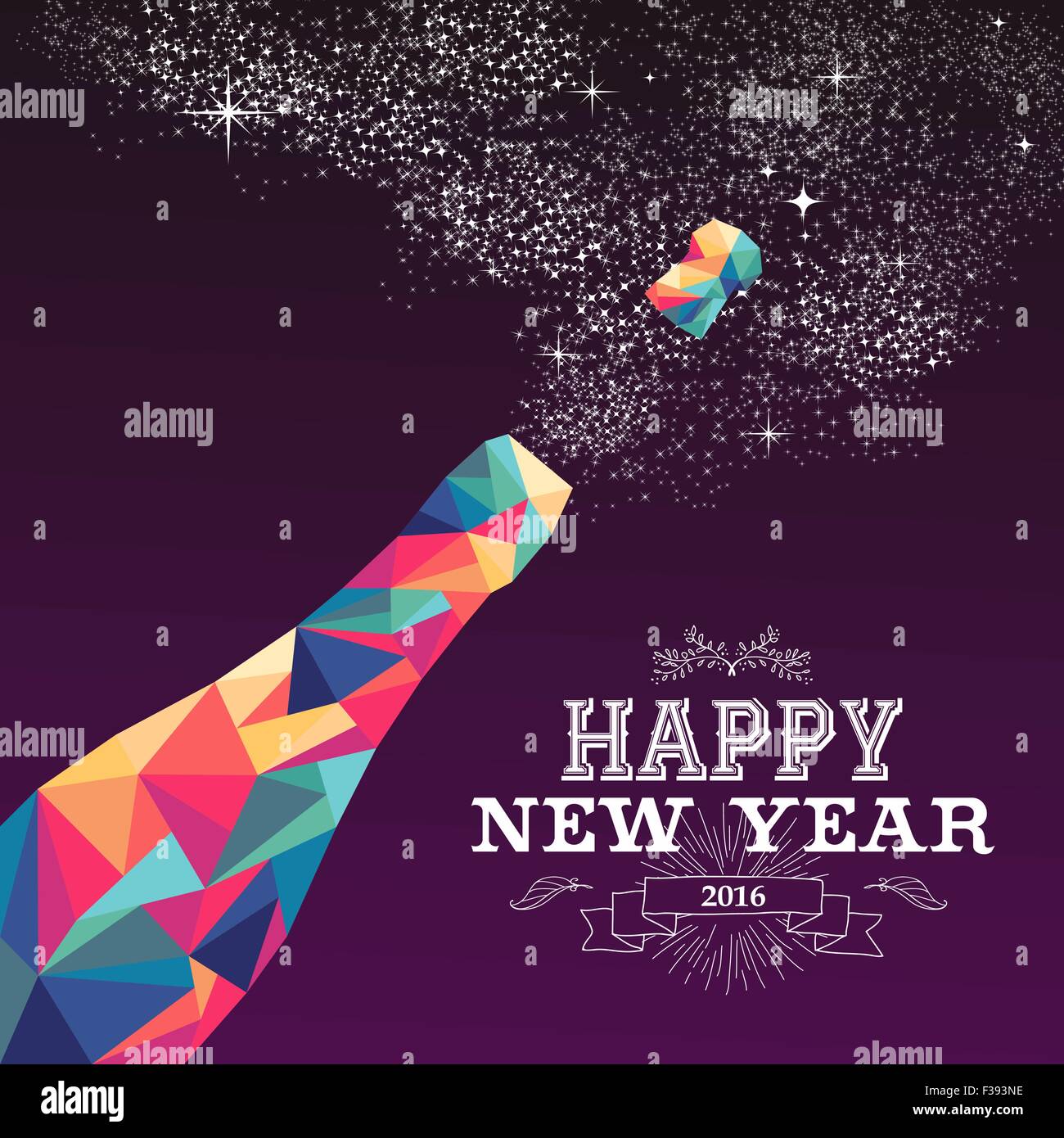 Frohes neues Jahr 2016 Grußkarte oder Poster-Design mit bunten Dreieck Champagner Explosion Flasche und Vintage-Label. Stock Vektor