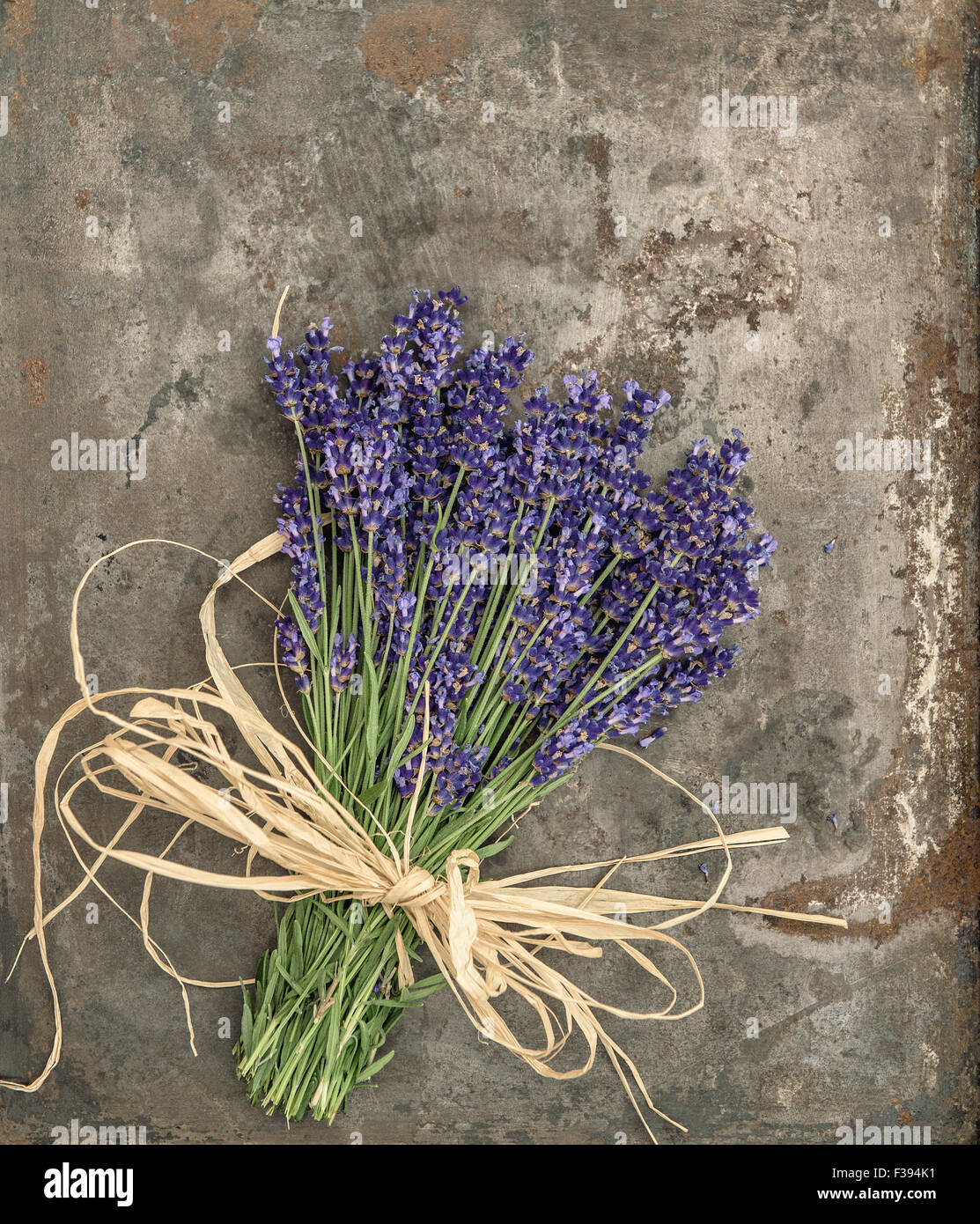 Lavendel Blumen mit shabby chic Stil Dekorationen. Frische Blüten über rustikale Metall Hintergrund Stockfoto