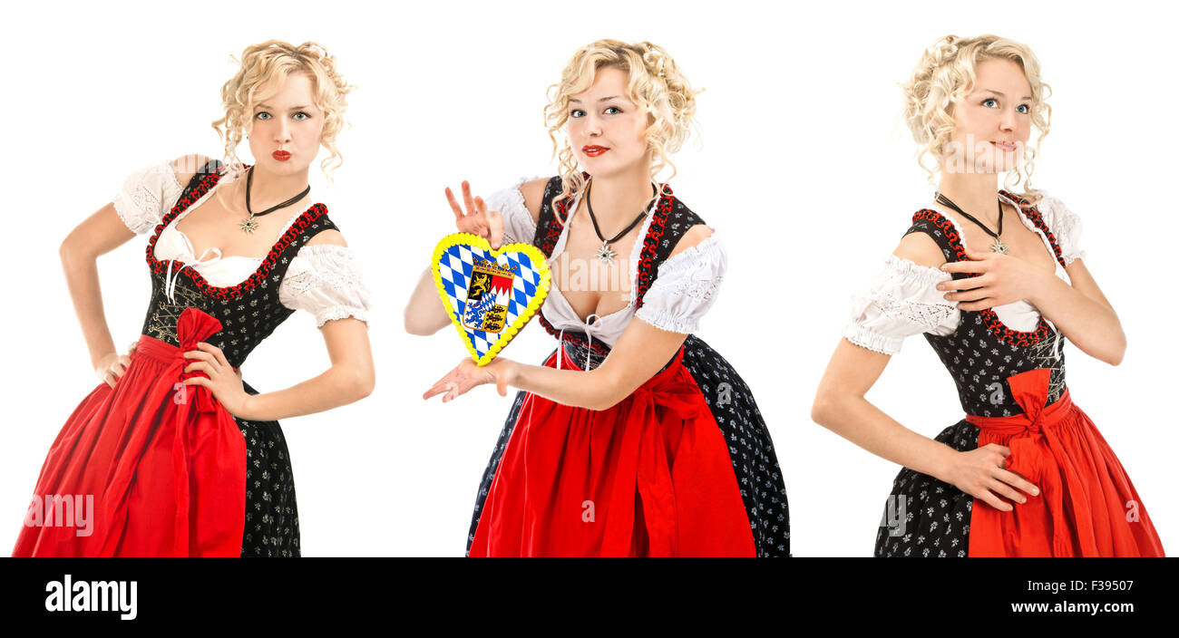 Deutsche Bayerin in typischer Kleidung Dirndl auf weißem Hintergrund. Oktoberfest-Konzept Stockfoto