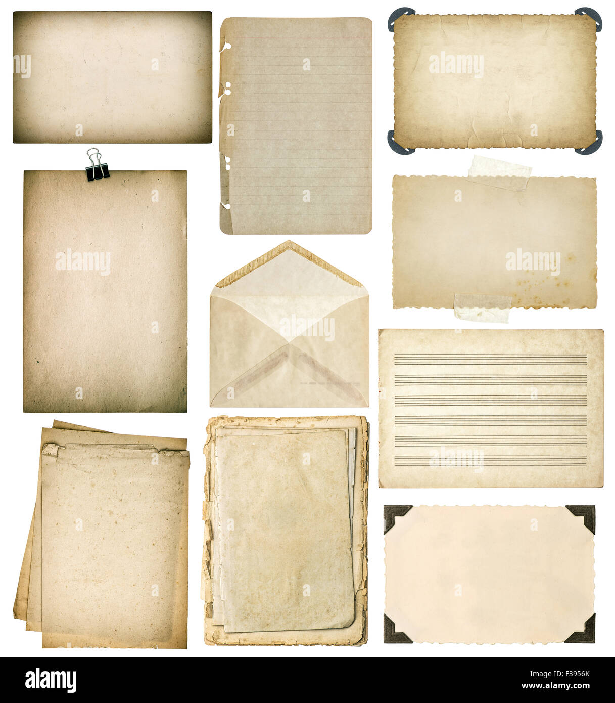 Verwendete Papier Bettwäsche Set. Vintage Buchseiten, Pappen, Musiknoten,  Bilderrahmen mit Ecke, Umschlag, isoliert Stockfotografie - Alamy