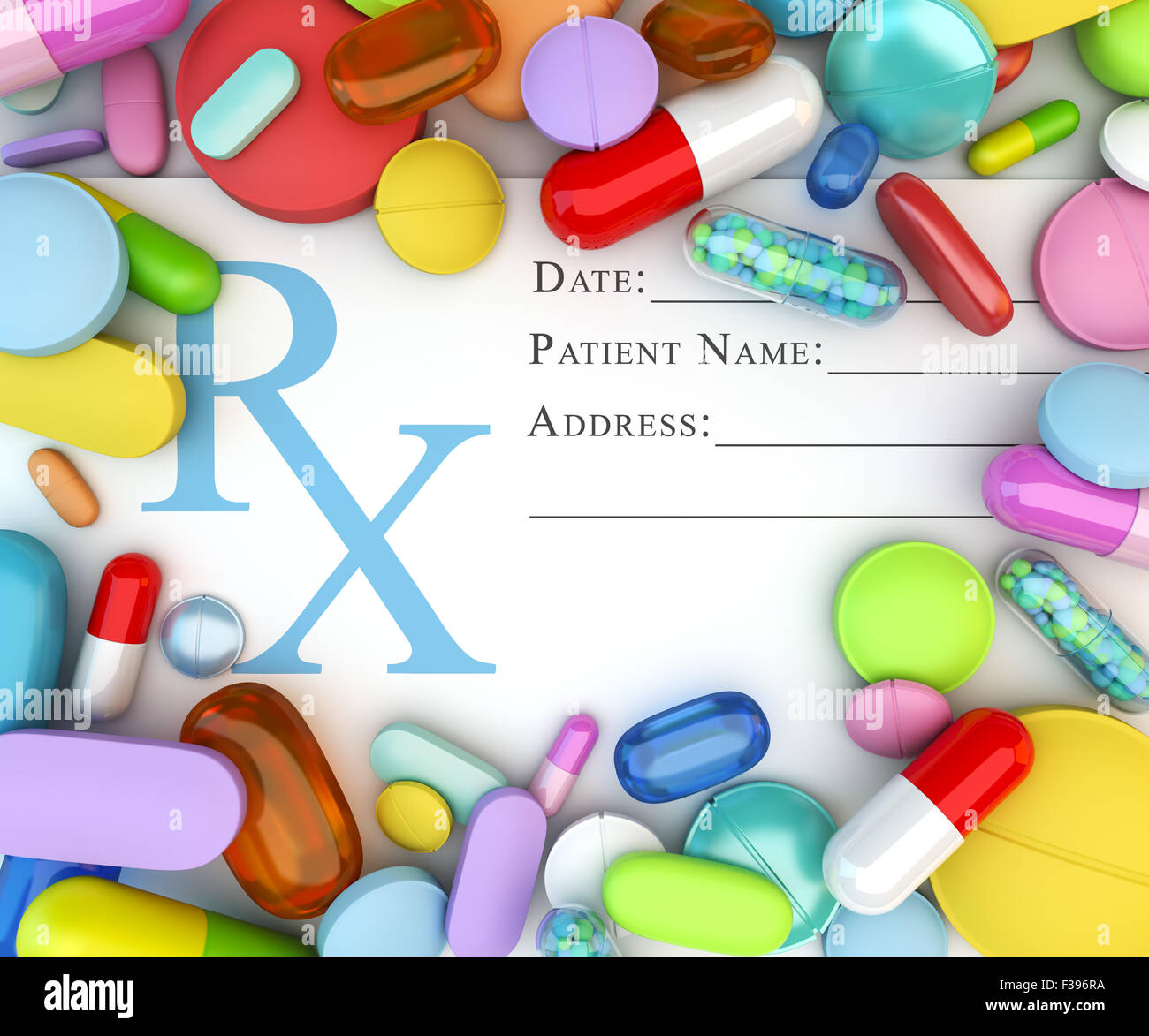 Vielzahl von bunten verschreibungspflichtige Medikamente Stockfoto