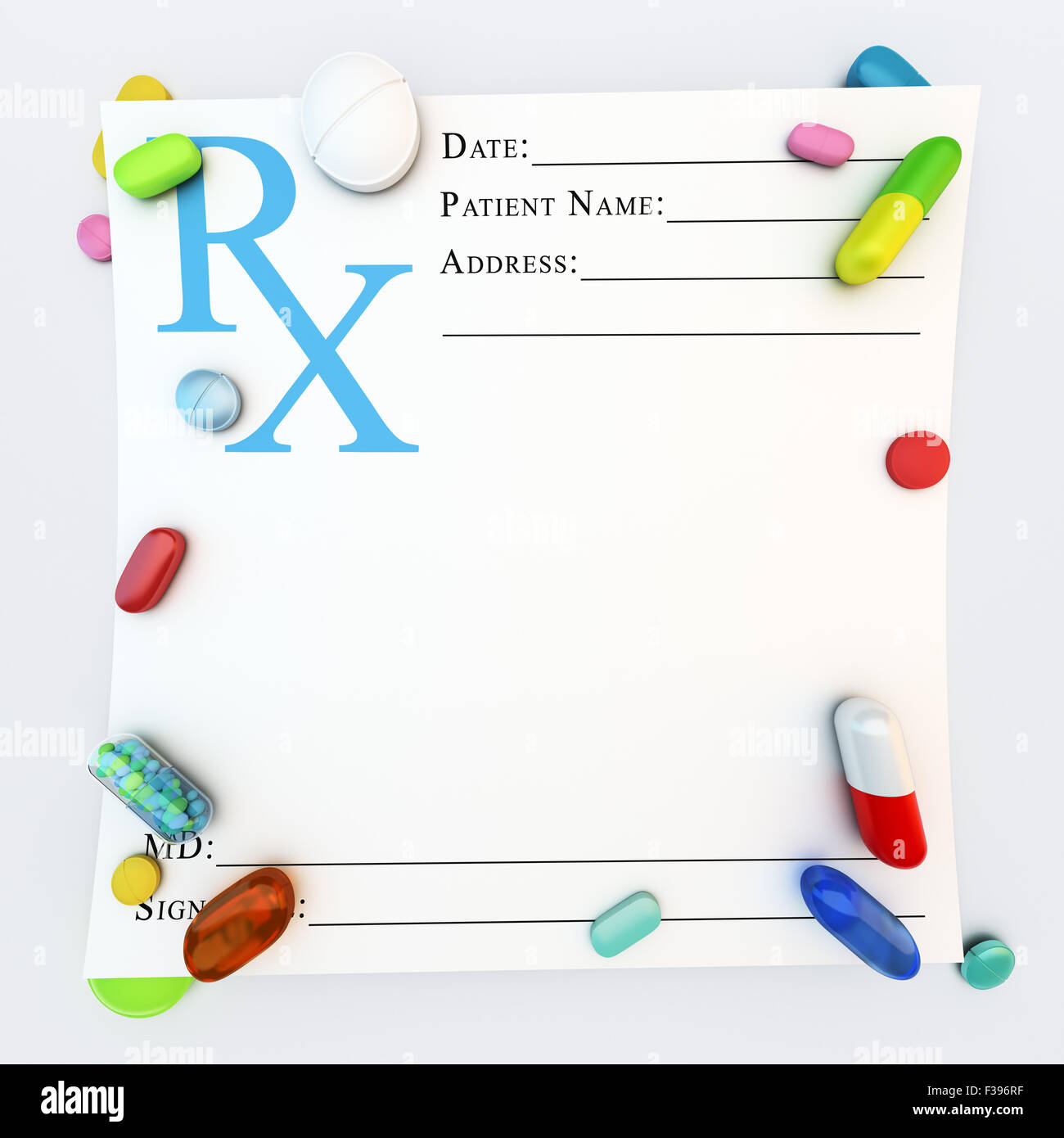 Vielzahl von bunten verschreibungspflichtige Medikamente auf leeren Seite Stockfoto