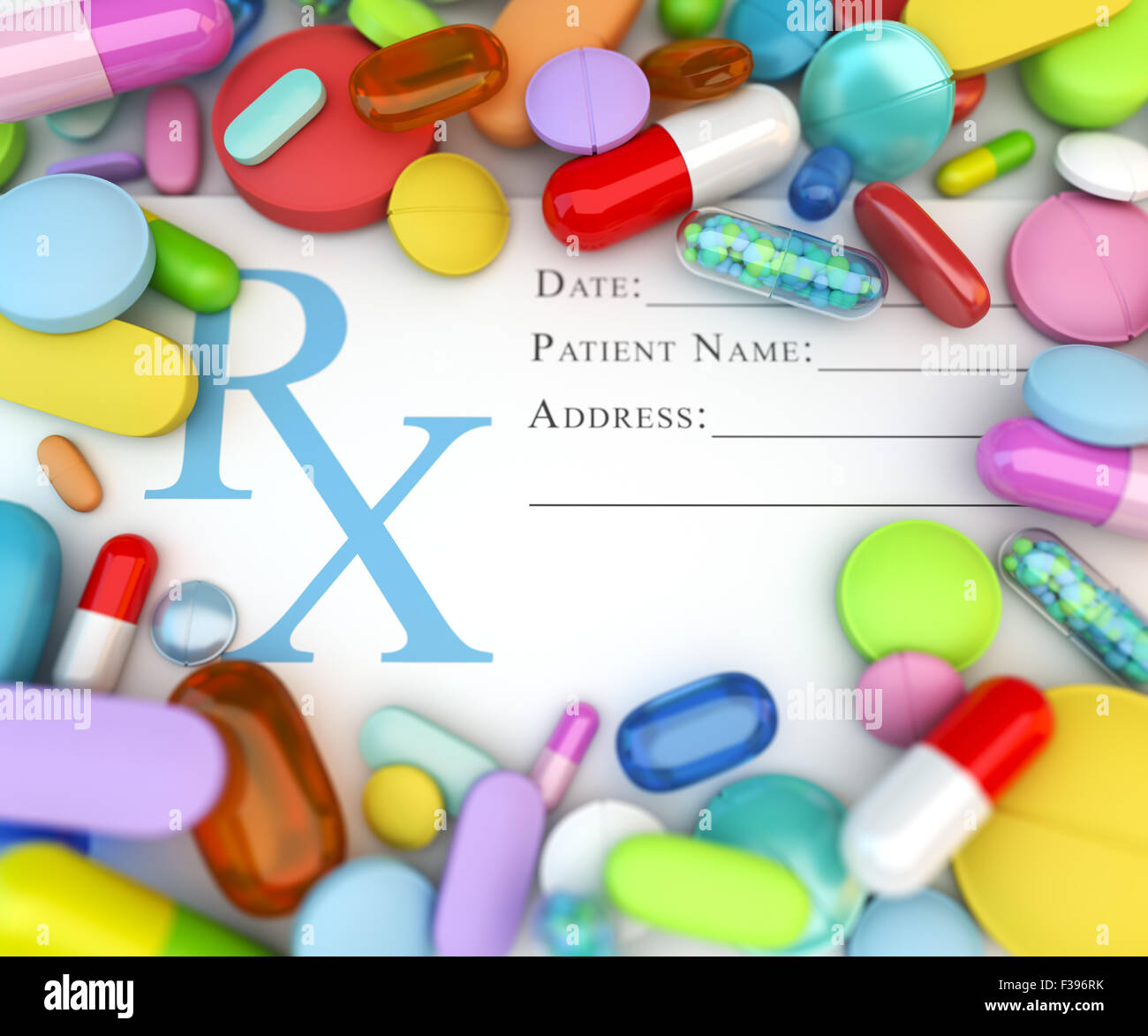 Vielzahl von bunten verschreibungspflichtige Medikamente Stockfoto