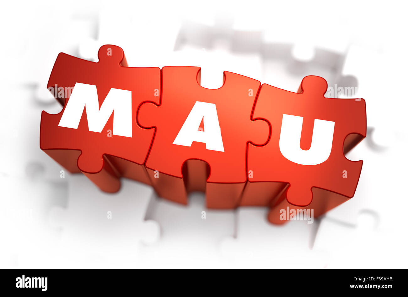 Word - MAU - monatlich aktive Nutzer - rote Rätsel mit weißem Hintergrund. 3D Render. Stockfoto