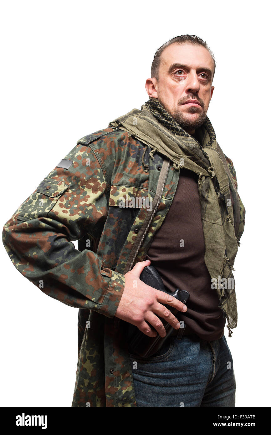 Männliche Terrorist in military-Jacke mit Stockfoto