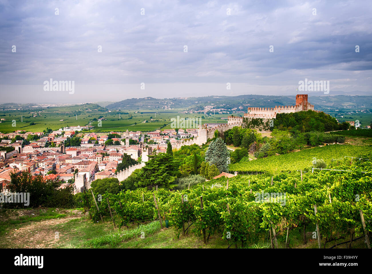 Ansicht von Soave (Italien), umgeben von Weinbergen, die eines der beliebtesten italienischen Weißweine und seine berühmten Medie produzieren Stockfoto