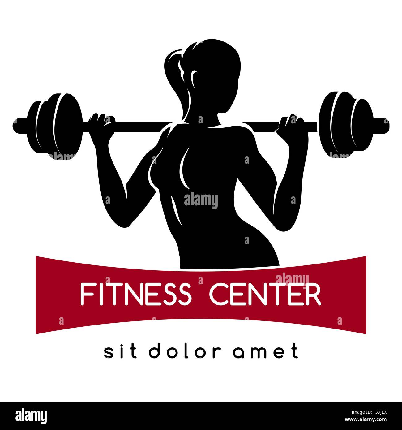 Fitness-Center oder Fitness-Studio-Emblem. Elegante Frauen-Silhouette mit Langhantel. Fitness-Übungen-Konzept. Kostenlose Schriftart verwendet. Am Pfingstmontag isoliert Stock Vektor