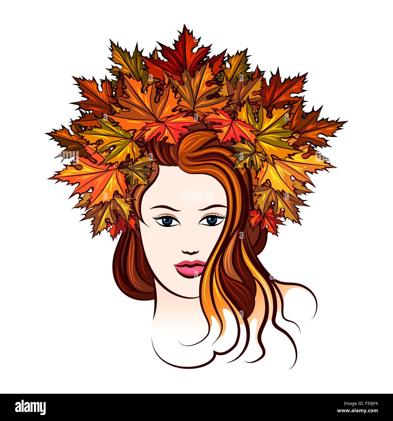 Schönes Mädchen in einem Kranz von roten und gelben Herbst Ahorn Blätter. Isoliert auf weiss. Stock Vektor
