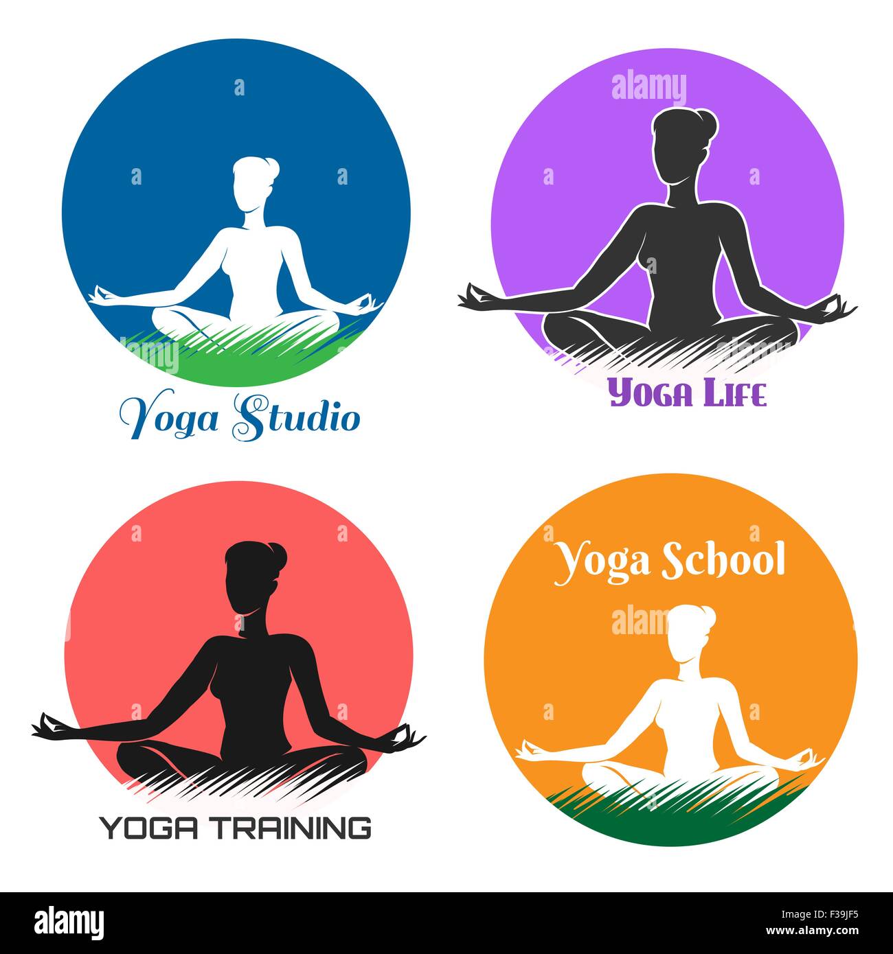 Yoga-Studio Logo oder Wappen festgelegt. Silhouette Frau sitzen auf einem Rasen und praktizieren Yoga in verschiedenen Farben. Kostenlose Schriftart verwendet. Stock Vektor