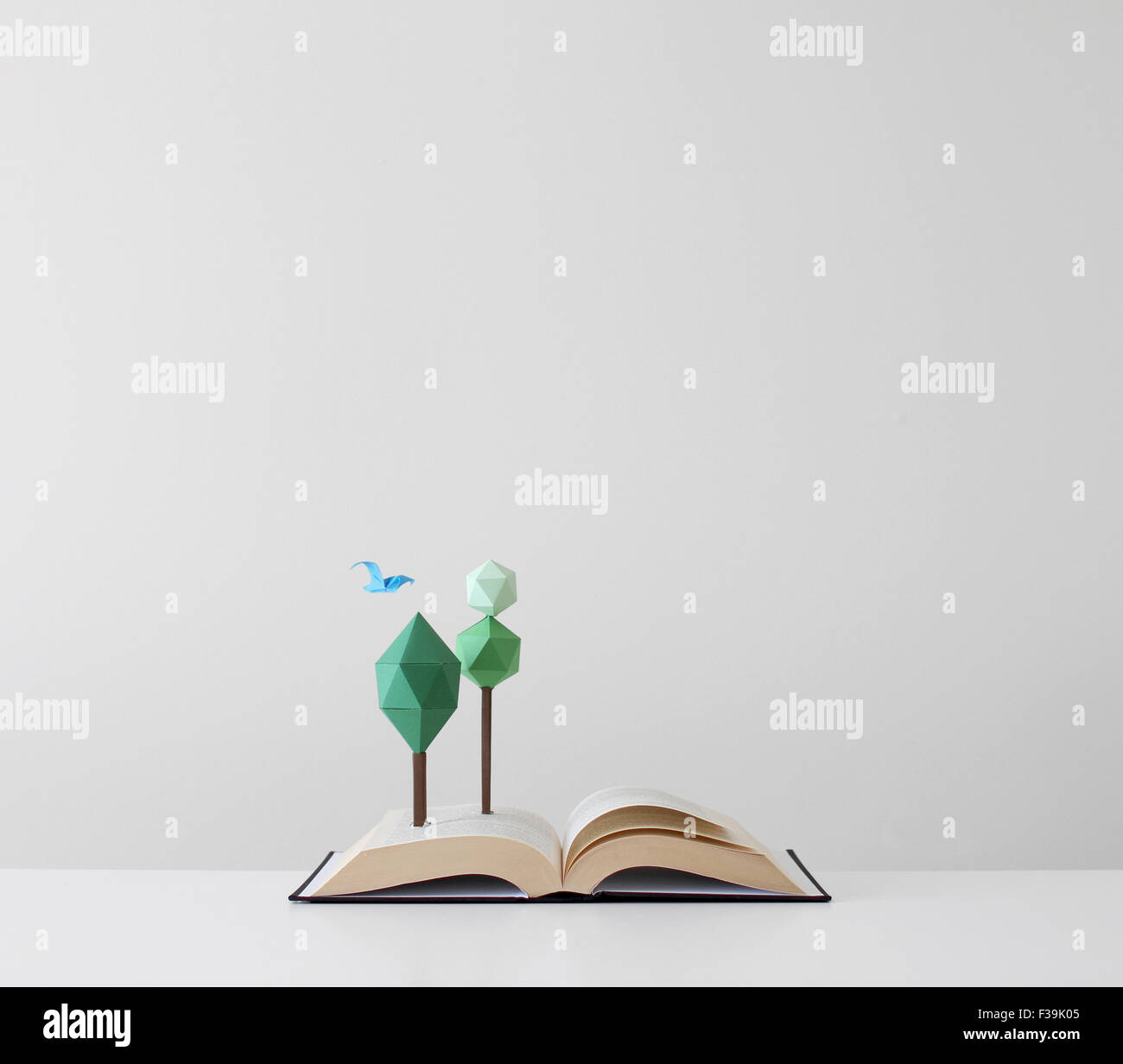 Bäume und Vögel wachsen aus einem offenen Pop-up-Buch Stockfoto