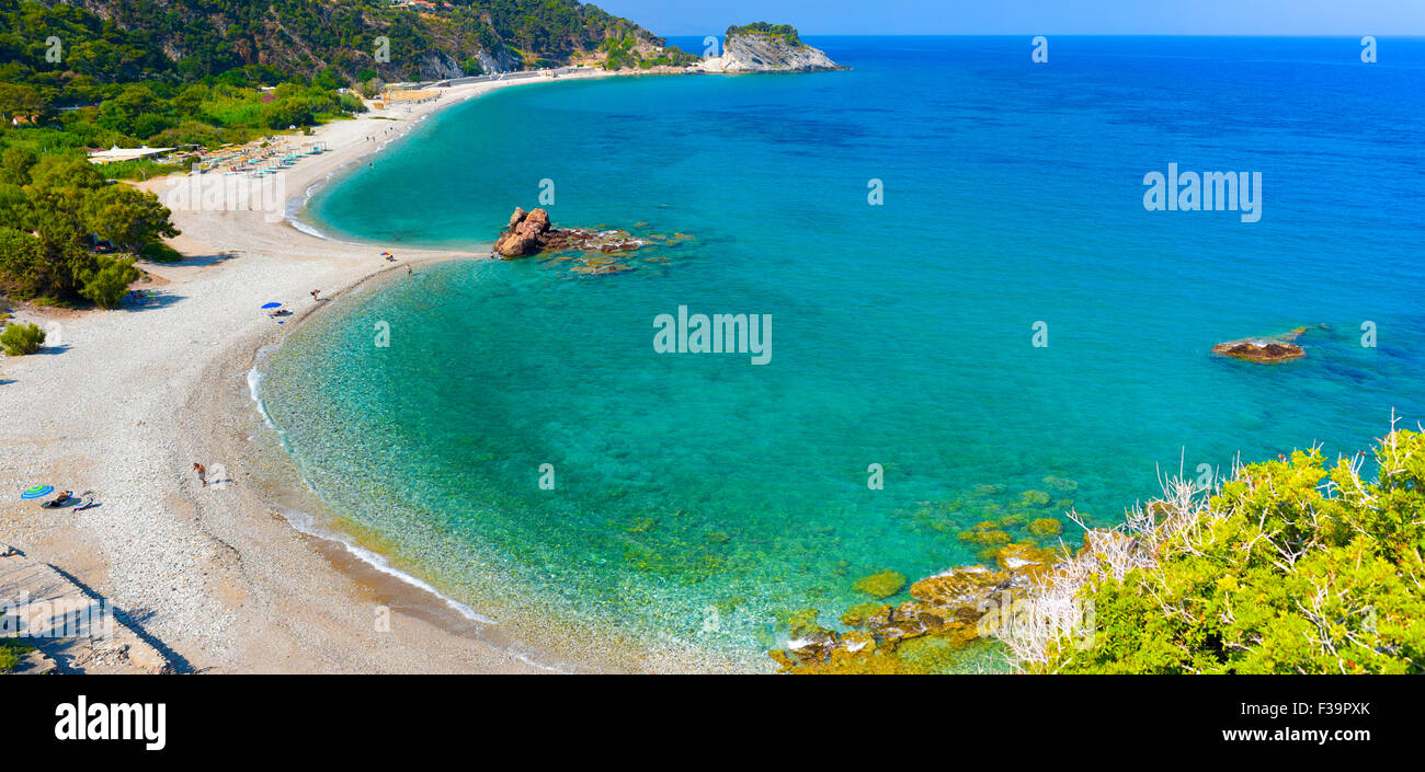 Panorama Potami Sand-Strand in Griechenland. Die Insel Samos. Einer der idyllischen und schönen Strand in der Region. Stockfoto