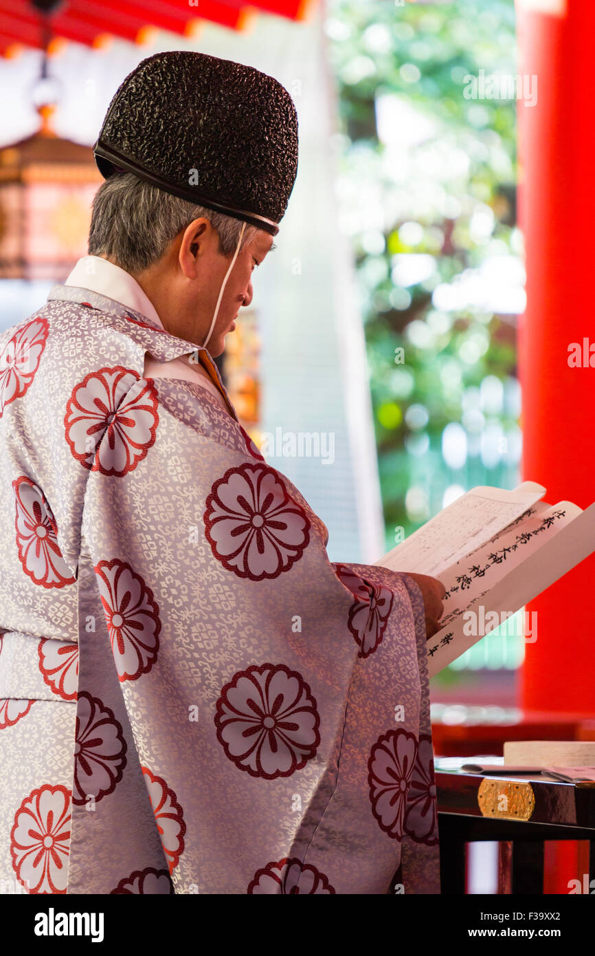 Japan, Shinto Schrein. Ältere Priester, Kannushi, AKA Shinshoku, tragen, Hut und eboshi Kariginu Kleidungsstück, das Halten und das Lesen aus den heiligen blättern. Stockfoto