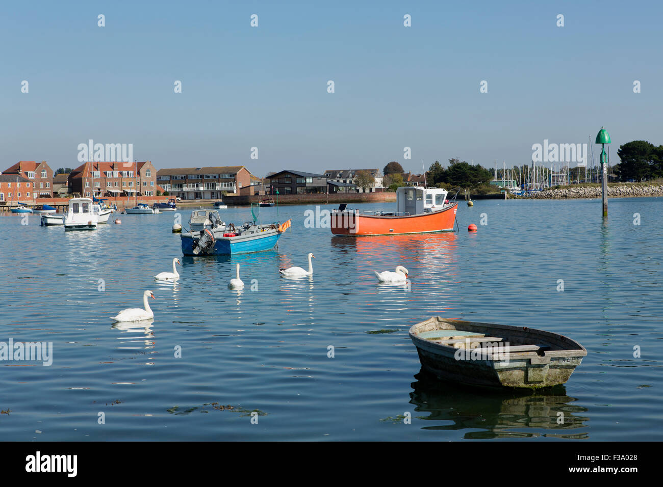 Sammlung von kleinen Booten oder Ausschreibungen in Chichester Hafen von Emsworth. Schwäne sehen unter den gemischten Boote Stockfoto