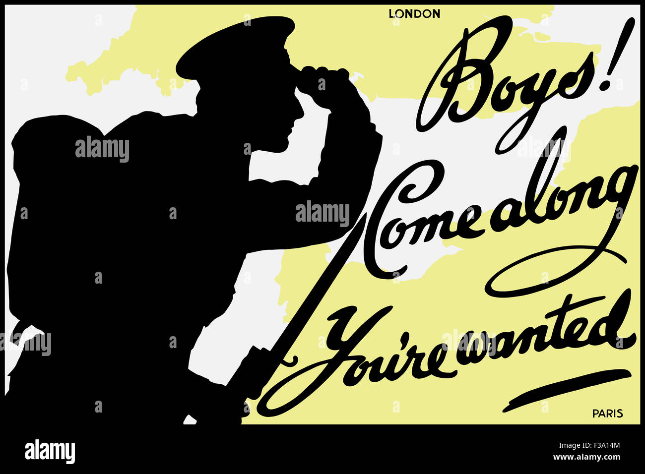 English World War One Poster mit der Silhouette eines Soldaten und eine Karte mit London und Paris. Es liest: Jungs! Alon kommen Stockfoto