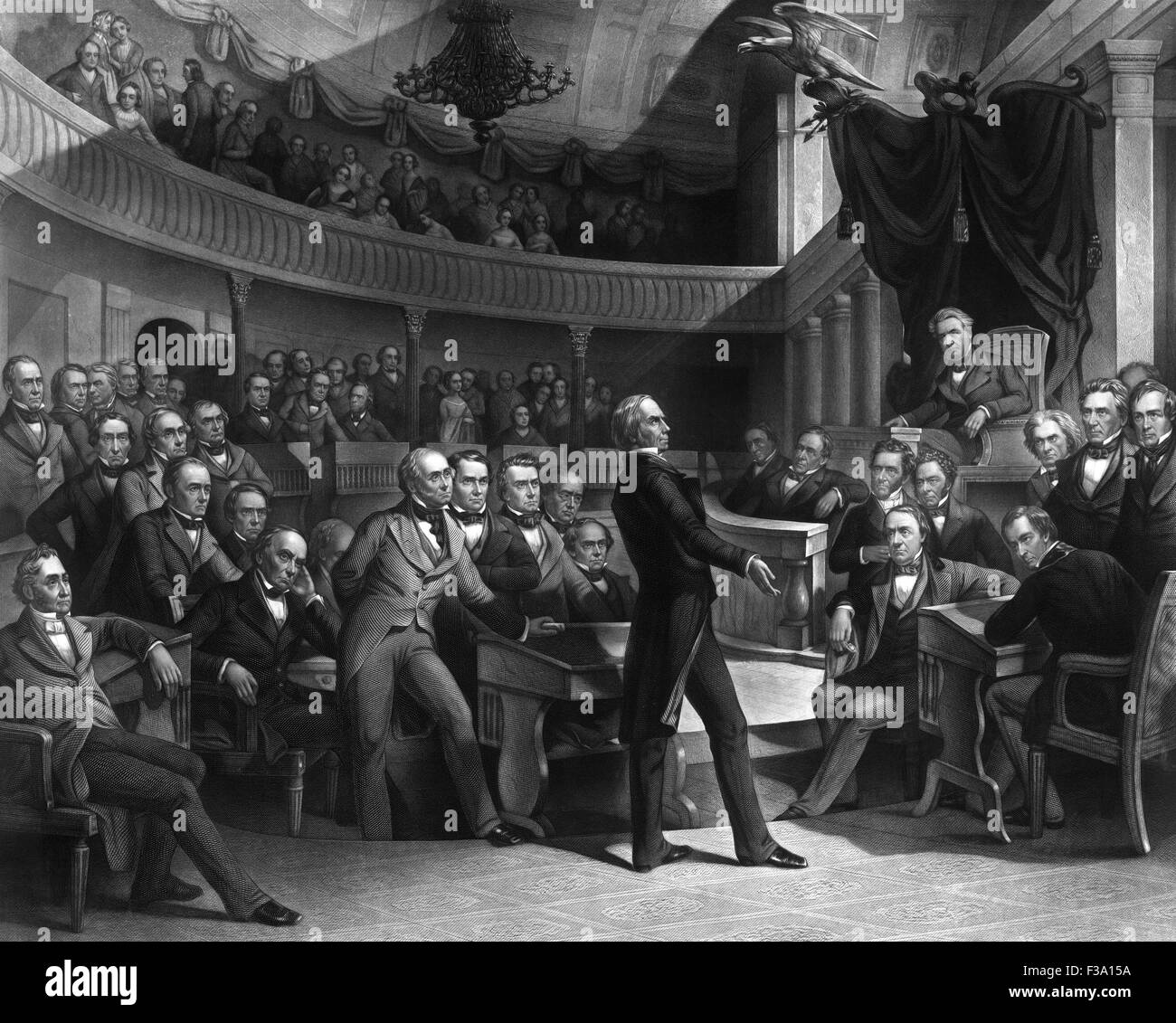 Vintage American History Drucken mit Senator Henry Clay spricht über den Kompromiss von 1850 im Senat. Stockfoto