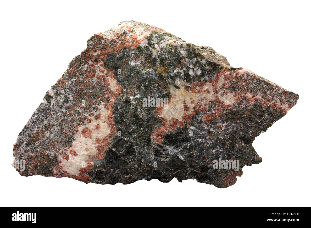 Metamorphen Corona Reaktionen - Coronite als Rock Muster. Roter Granat, weiße ist Plagioklas, Pyroxen im Dunkeln ist. Stockfoto