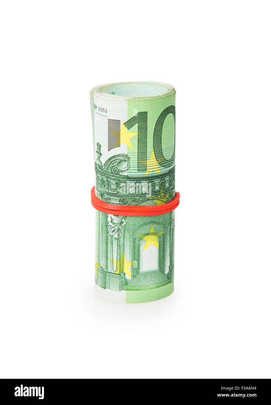 Bank Roll von Euro-scheinen isoliert auf weißem Hintergrund Stockfoto