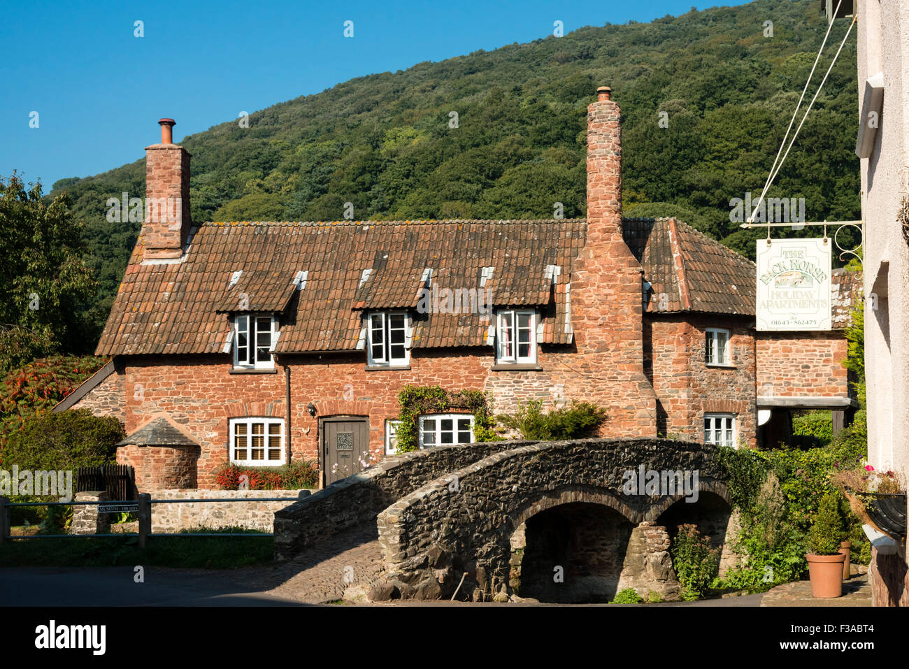 Packen Sie Pferd Brücke bei Allerford, Exmoor, Großbritannien. Stockfoto