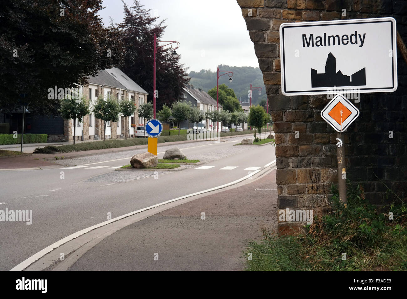 Ort-Namensschild von Malmedy, Belgien Stockfoto