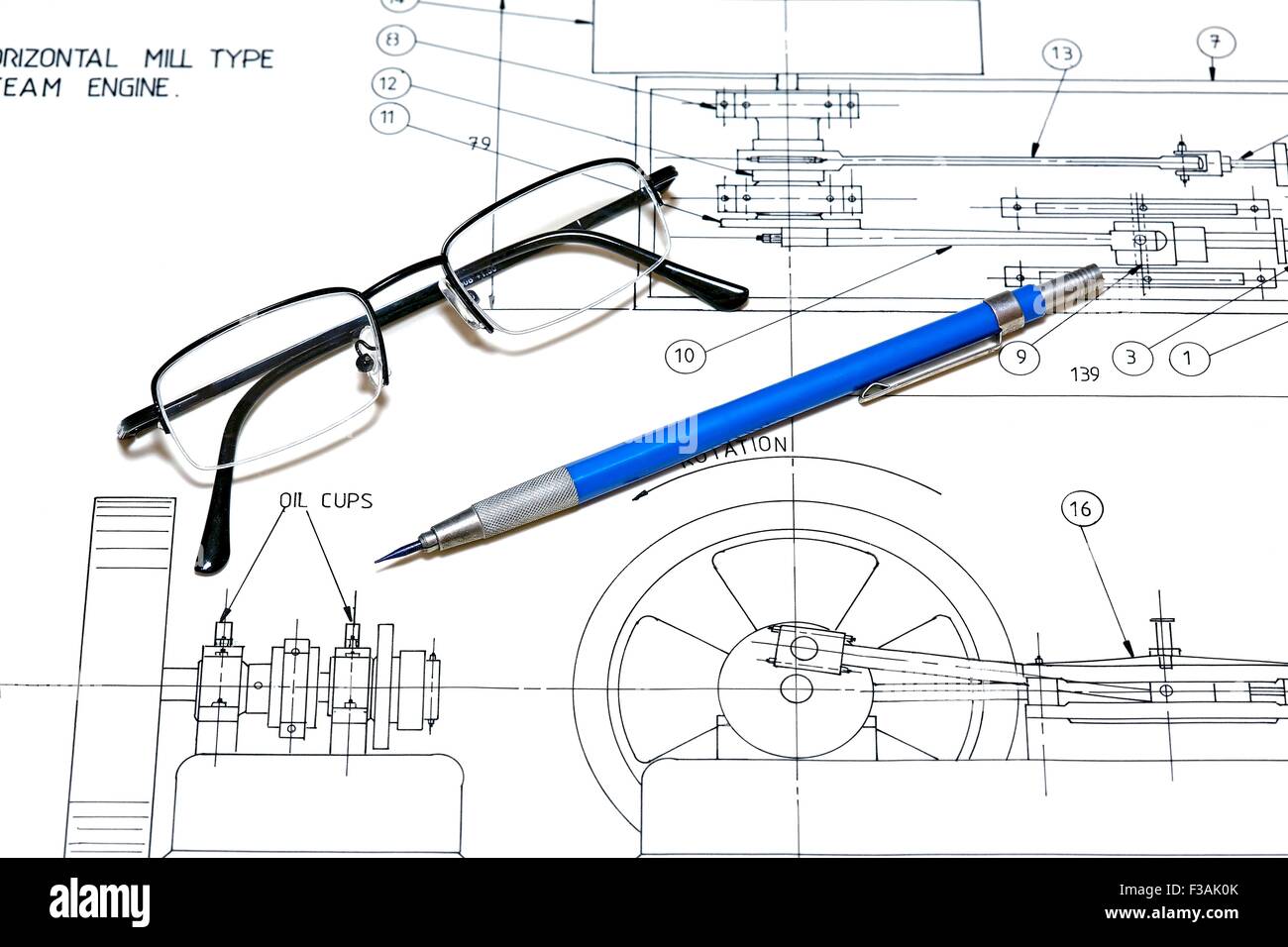 Technische Zeichnungen Druckbleistift Brille Brille Stockfoto