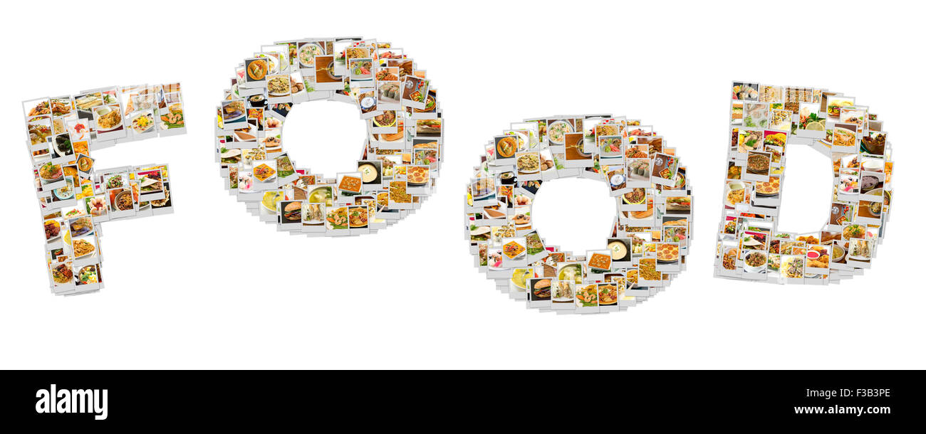 Wort Essen Collage von vielen weltweit beliebten Dinnershows Lebensmittel und Vorspeisen Stockfoto