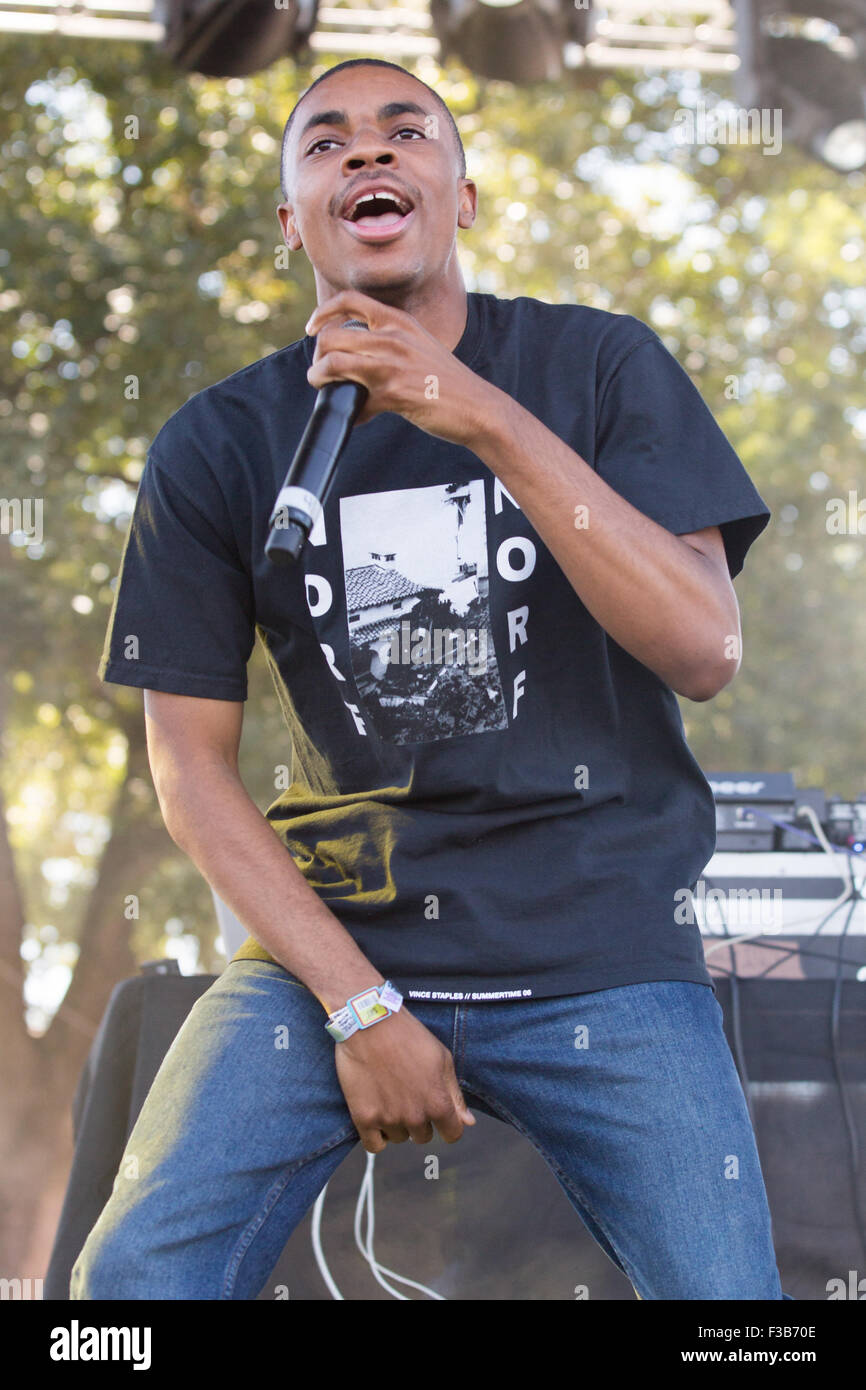 Austin, Texas, USA. 3. Oktober 2015. Rapper VINCE STAPLES tritt beim Austin City Limits Music Festival im Zilker Park in Austin, Texas © Daniel DeSlover/ZUMA Draht/Alamy Live News Stockfoto