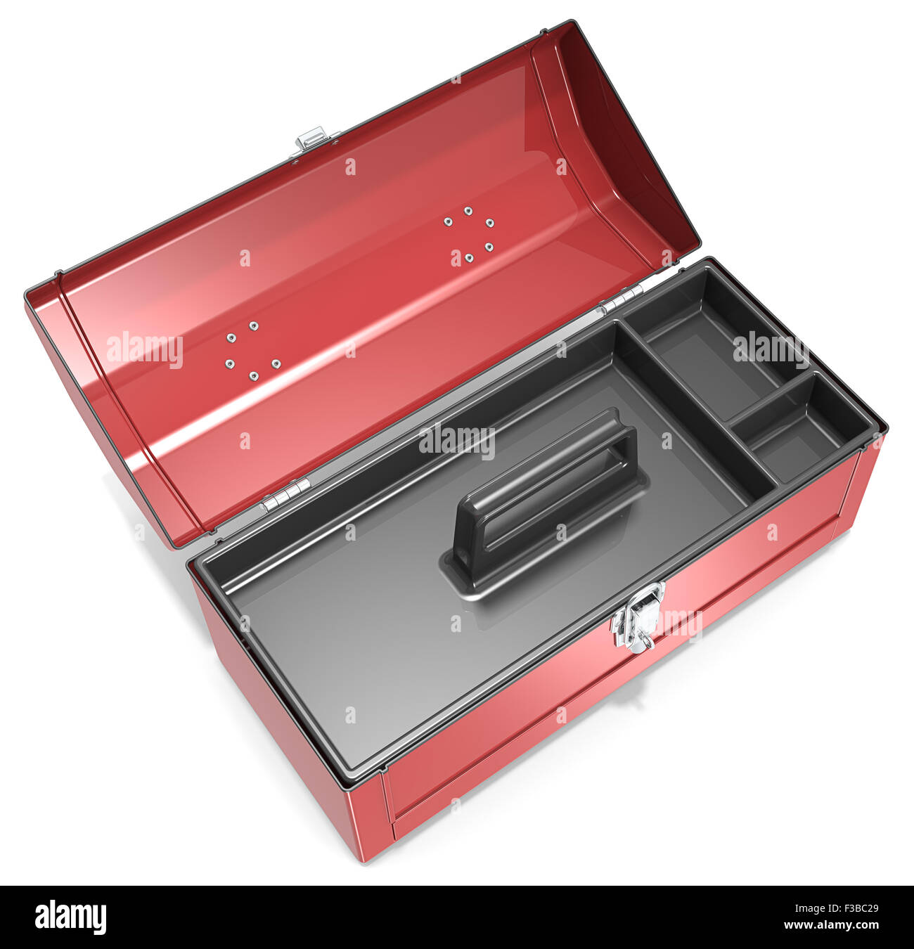 Draufsicht der offenen roten Metall-Toolbox. Leer ist. Stockfoto