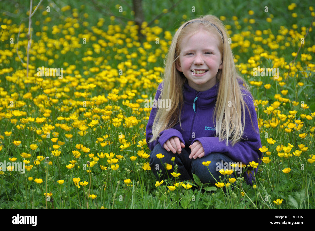 Schöne junge blonde Mädchen in einem Feld von Butterblumen Stockfoto
