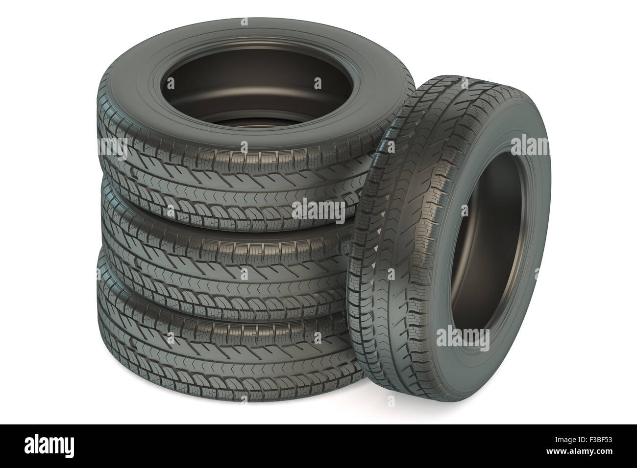 Satz von Autoreifen isoliert auf weißem Hintergrund Stockfoto