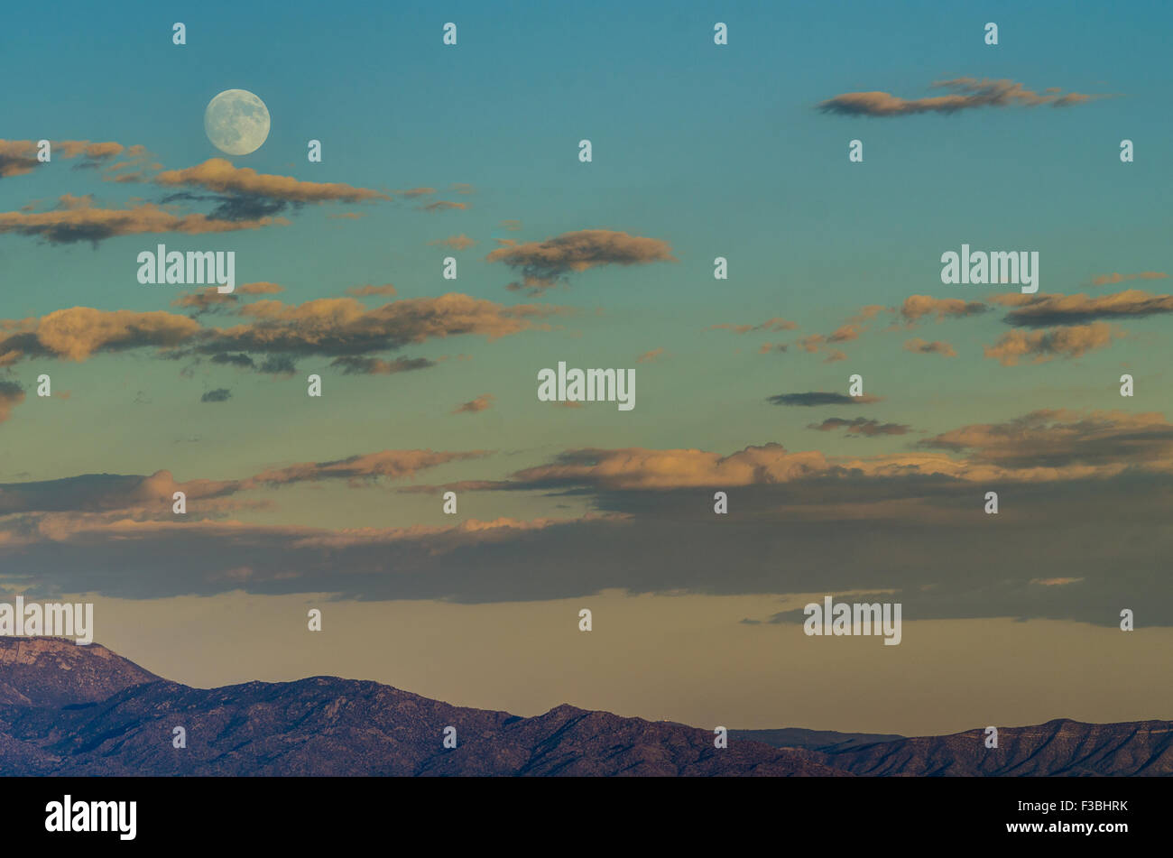 Vollmond Aufstieg über Albuquerque und die Sandia Mountains, New Mexico, USA. Stockfoto