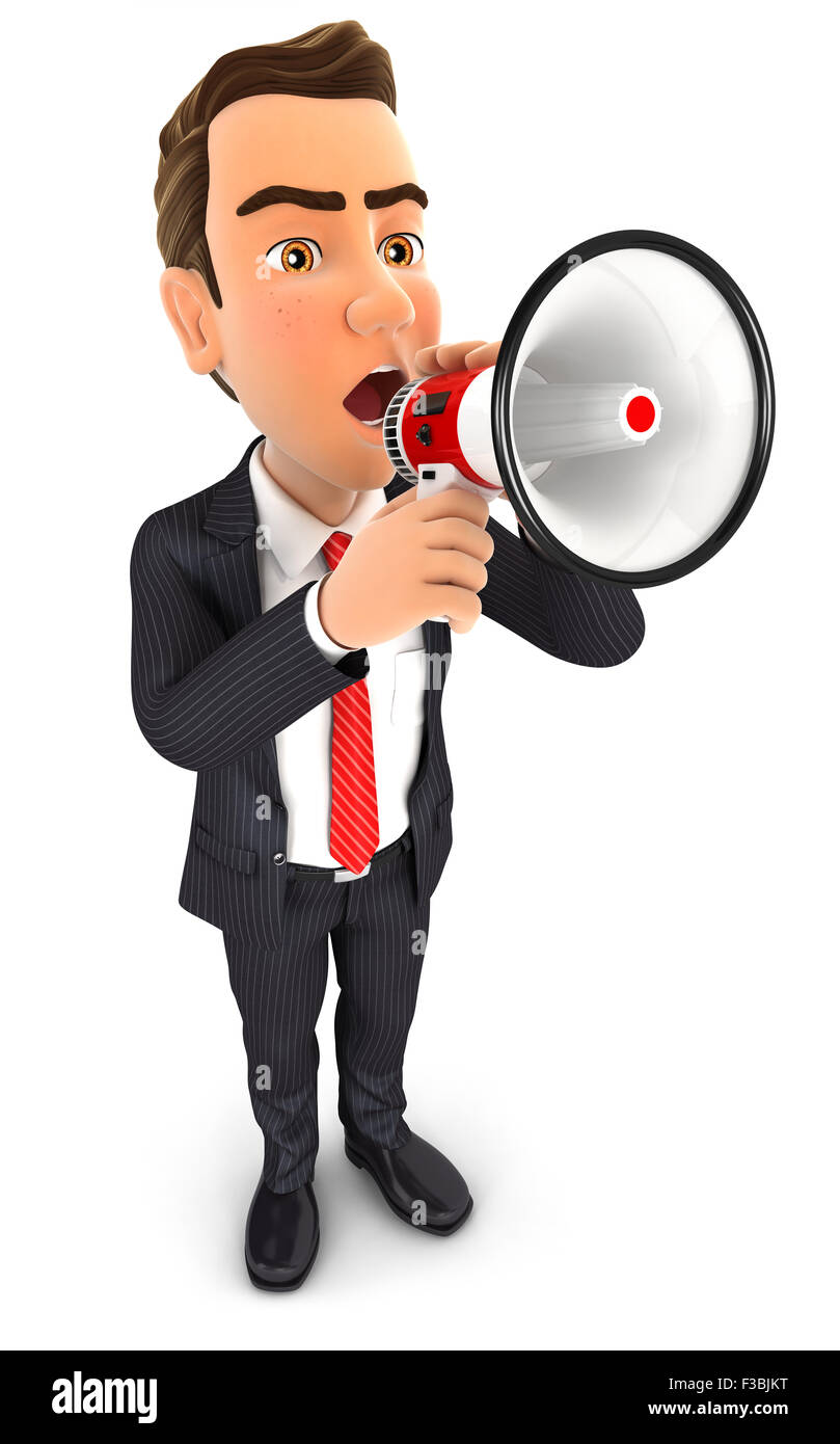 3D Geschäftsmann in Megaphon, isolierten weißen Hintergrund zu sprechen Stockfoto