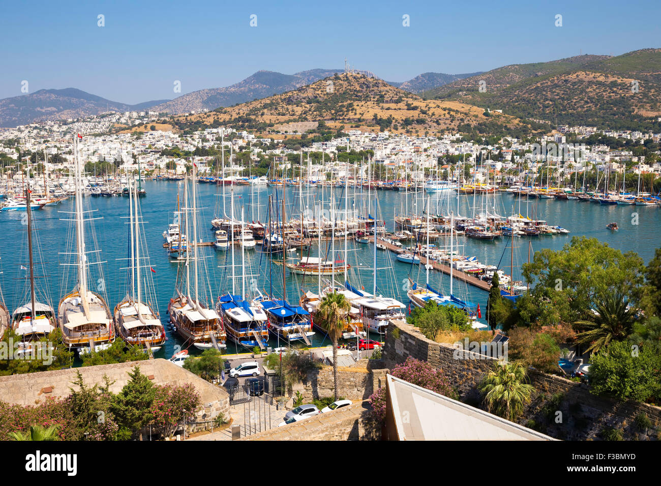Vogelperspektive Blick auf Bodrum Hafen und Marina, Ägäis Türkei Stockfoto
