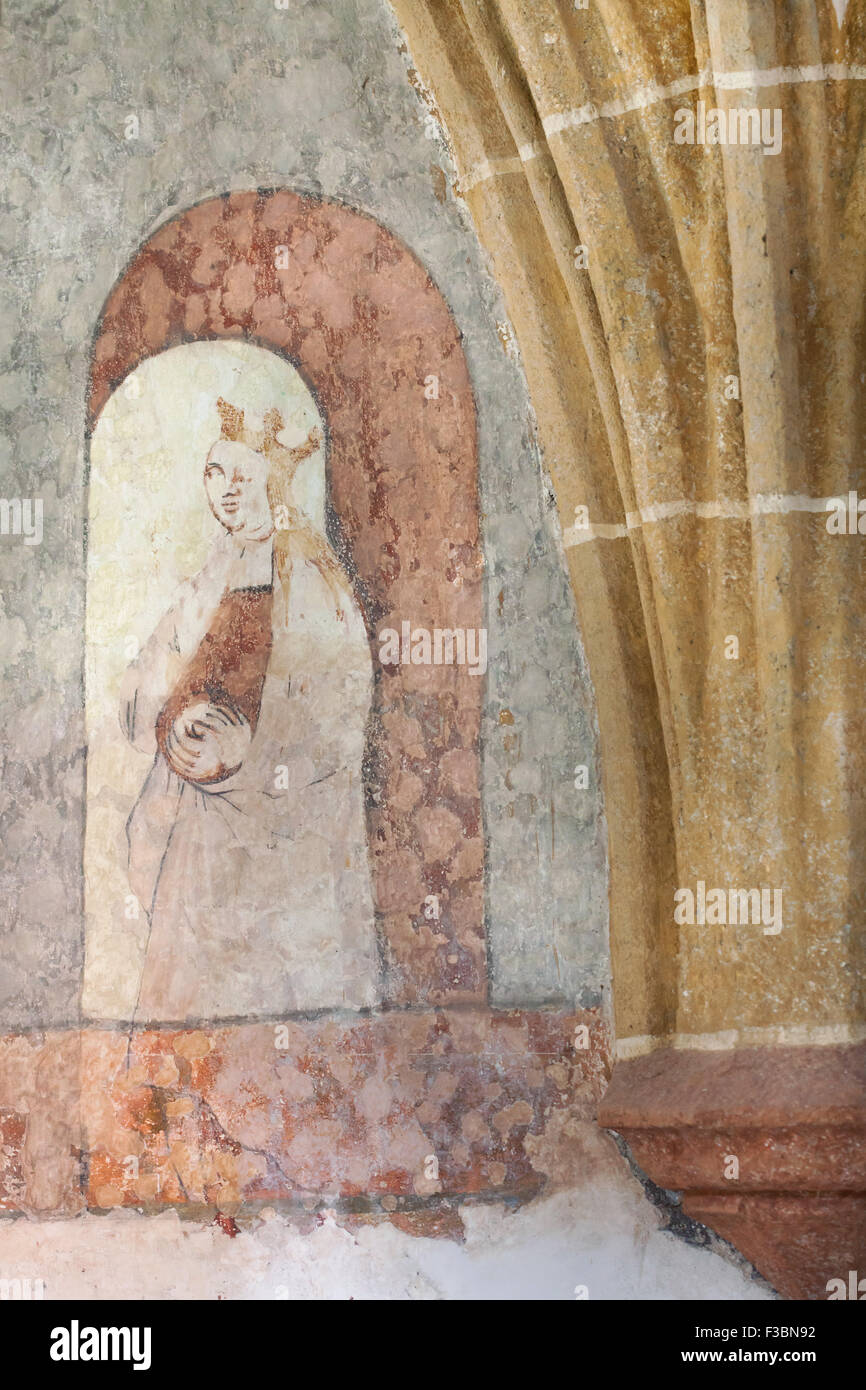 Böhmische Königin dargestellt in der mittelalterlichen Wandmalereien aus dem 14. Jahrhundert im Kreuzgang des Dominikanerklosters in Ceske Budejovice, Südböhmen, Tschechien. Stockfoto