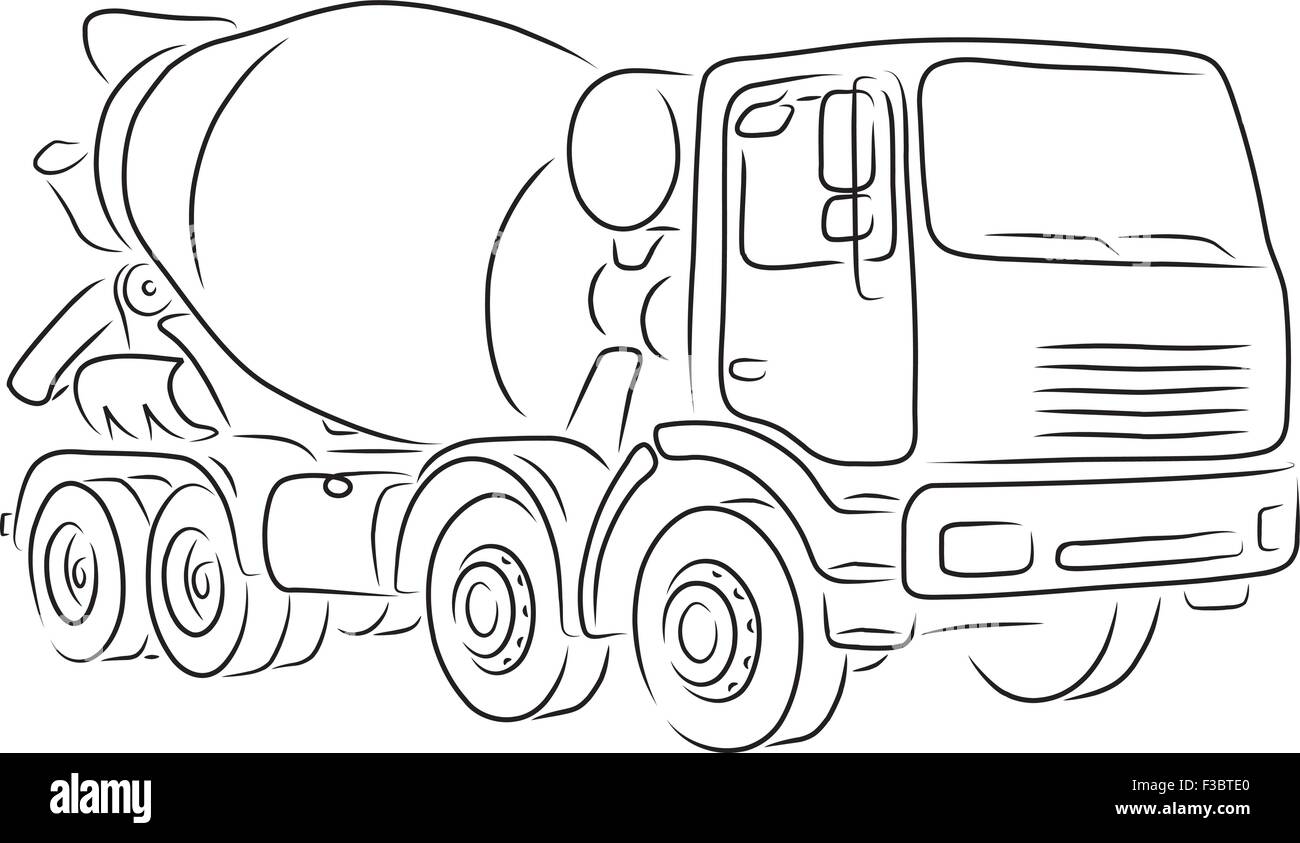 Handgezeichnete Kontur der Betonmischer LKW isoliert auf weißem Hintergrund. Design-Kunst-Vektor-Illustration für Sie Stock Vektor