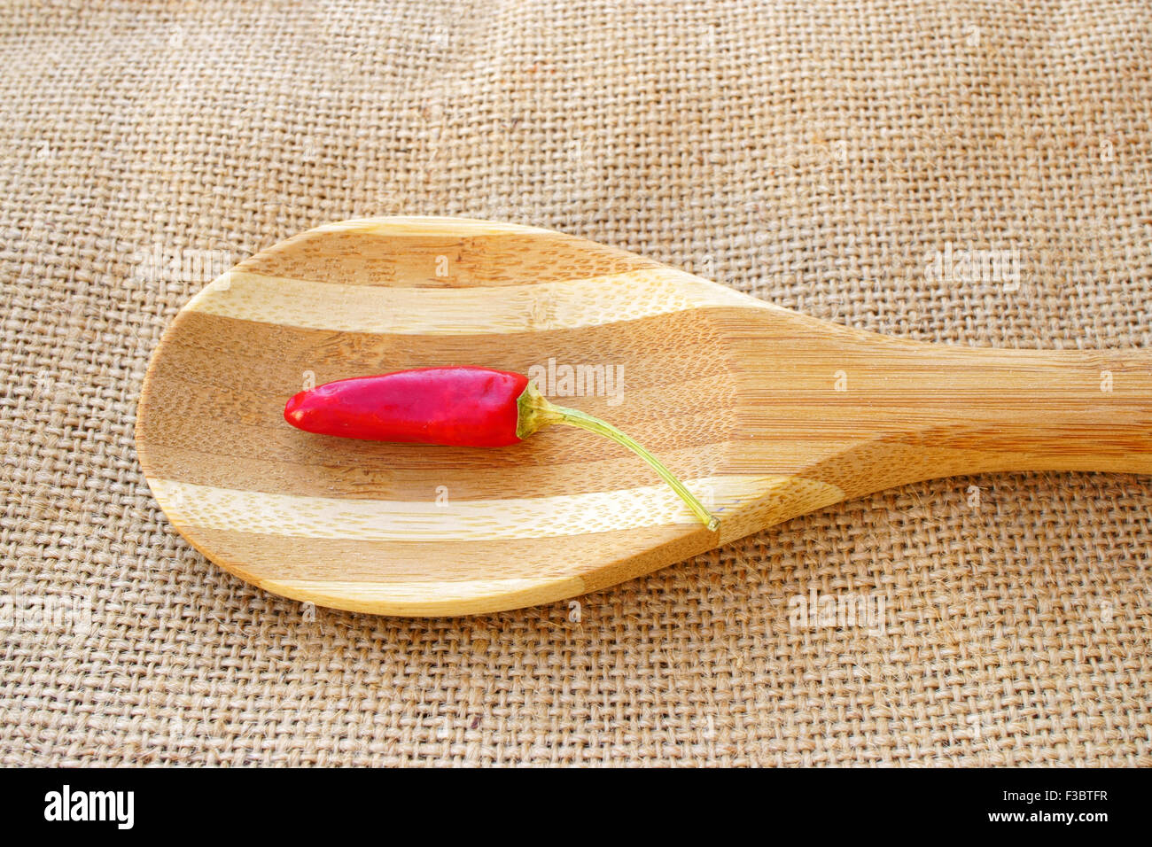Ein red hot Chili Pod auf einem hölzernen Kochlöffel auf Jute-Stoff mit Textfreiraum Stockfoto