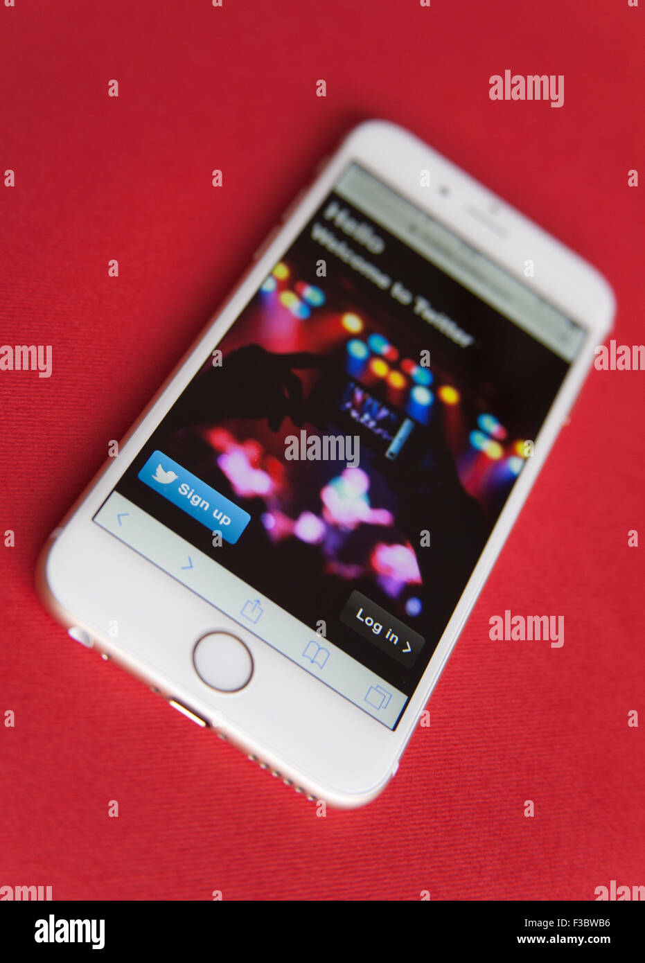 Melden Sie sich im Bildschirm für einen Twitter-Account auf einem Gold und weiße Apple iPhone 6 auf rotem Grund Stockfoto