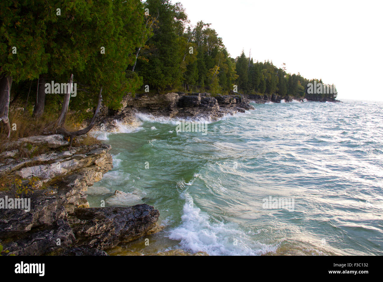 Zerklüfteten Kalkstein leisten steigen 20-40 Fuß über dem Lake Michigan, Cave Point County Park, Door County, Wisconsin Stockfoto