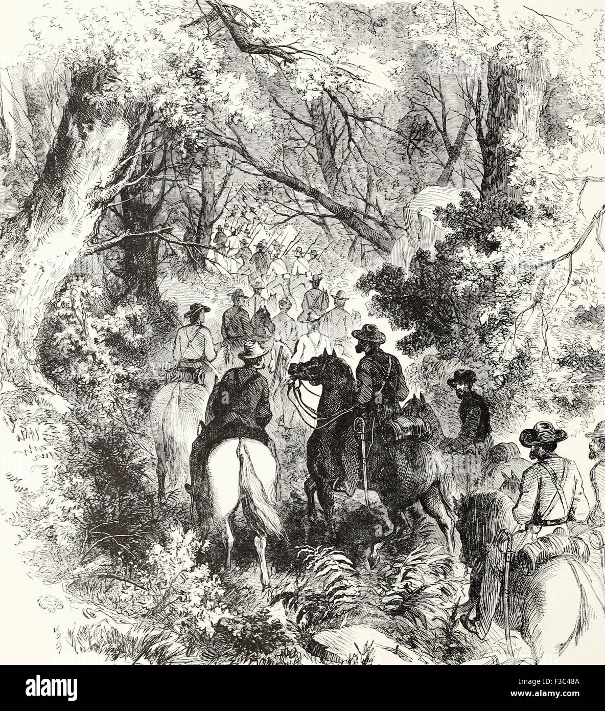 Vormarsch der General Rosecrans Division durch die Wälder von Laurel Hill zum Angriff der Konföderierten Schanzen am Rich Mountain, USA Bürgerkrieg Stockfoto