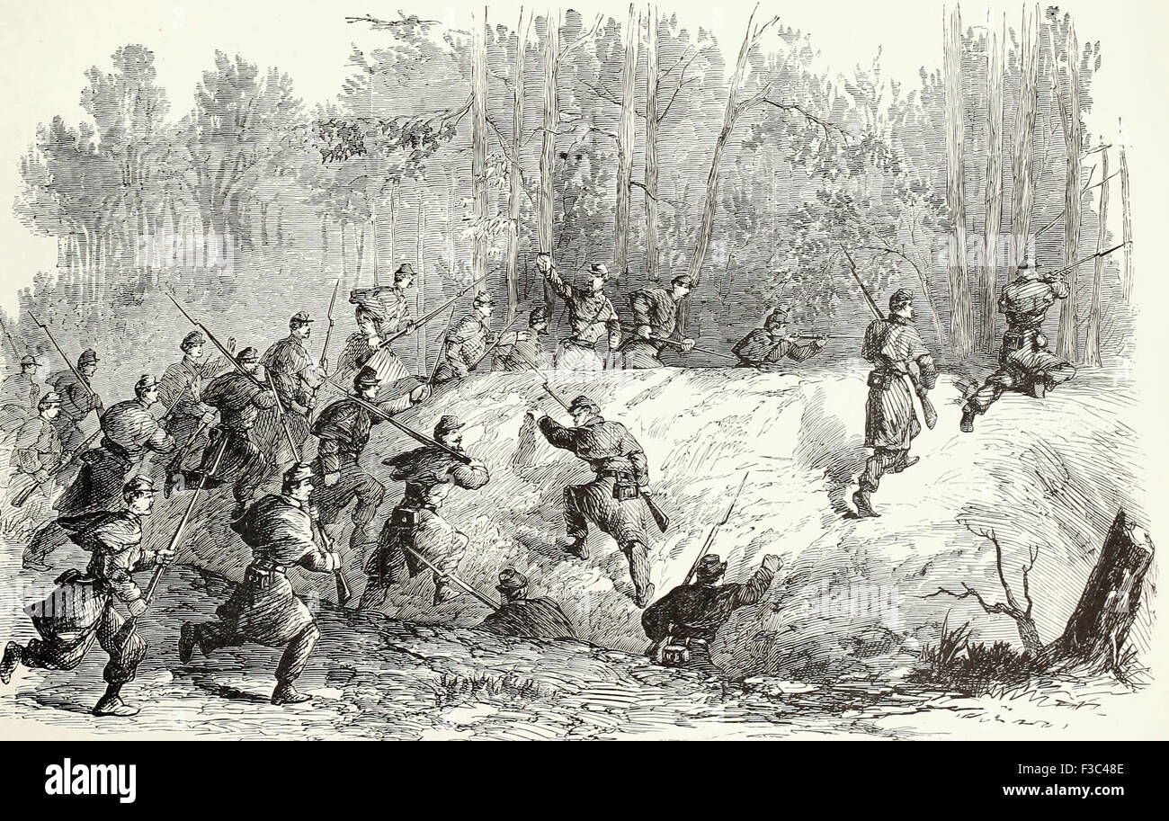 Erfolgreiche Ladung der Firma H, erste Massachusetts Regiment (Hauptmann Carruth), auf eine konföderierte Redan vor Yorktown, 26. April 1862. USA Bürgerkrieg Stockfoto