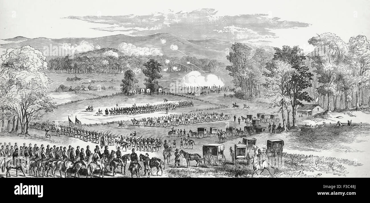 Die Schlacht von Cross Keys - Eröffnung des Kampfes - The Federal Truppen unter General Fremont avanciert zum Angriff der Konföderiertenarmee unter General Jackson - 8. Juni 1862. USA Bürgerkrieg Stockfoto