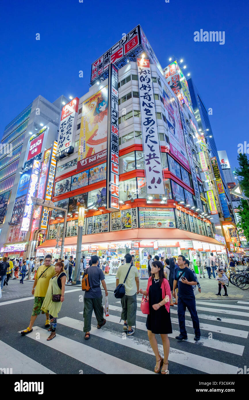 Werbetafeln auf Ladenfronten in Akihabara, bekannt als Electric Town oder Geek Stadt Verkauf Manga Spiele und Videos in Tokio Japan Stockfoto